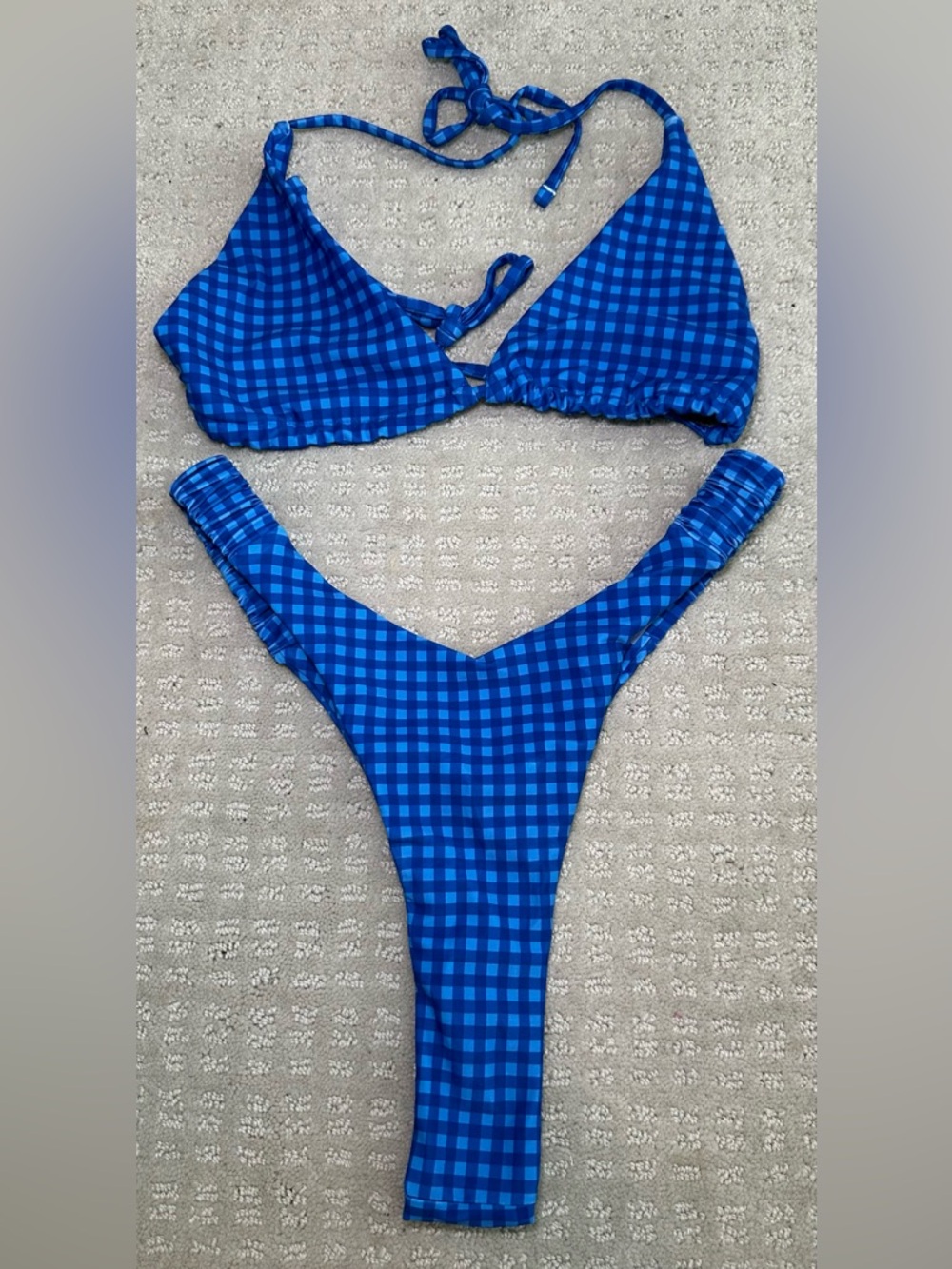 NWOT 3 Piece Bikini Bundle Gingham Check High Cut Triangle Swim‎ Pink Red Blue L - Picture 4 of 10